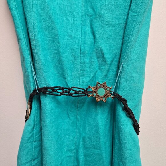 K Petite Teal Linen Blend Midi Dress Size 4P Sleeveless A-Line Blue Aztec Belt - Picture 6 of 12